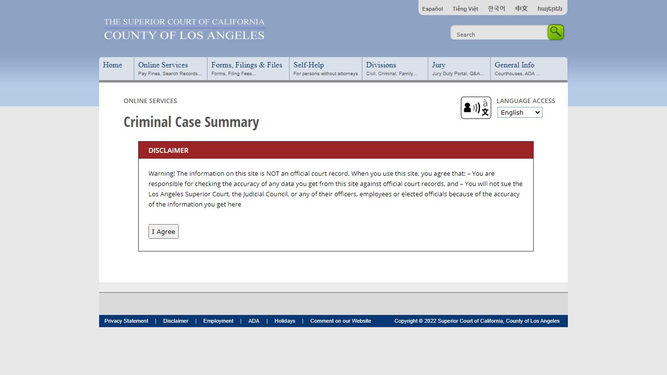 Criminal Case Summary - Online Services - LA Court